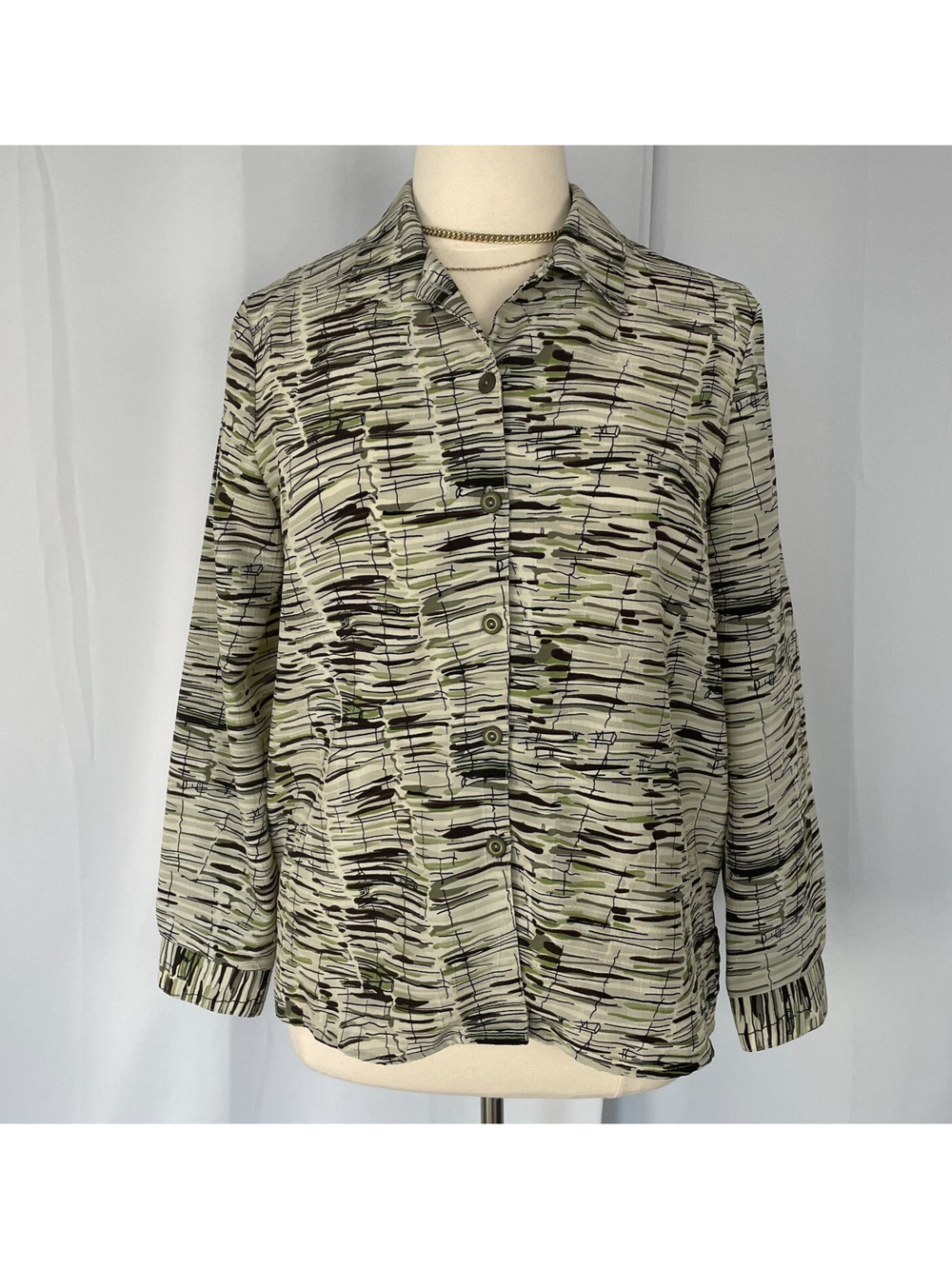 Vintage Top Plus Size 18 Beige Green Abstract Art Button Up Long Sleeve Y2K